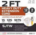 Iron Forge Cable 2 Pack 2 Foot Lighted Outdoor Extension Cord with 3 Outlets - 12/3 SJTW Heavy Duty Yellow Extension Cable 3 Prong - Multiple Outlets