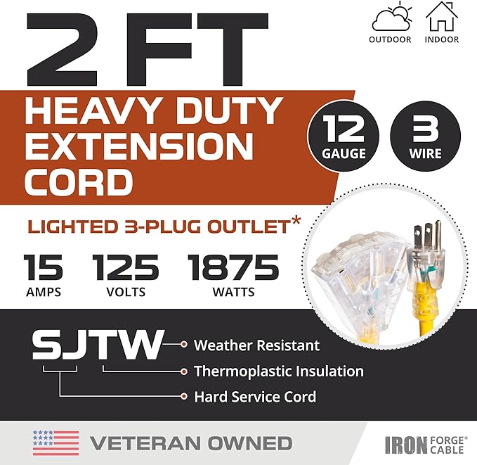 Iron Forge Cable 2 Pack 2 Foot Lighted Outdoor Extension Cord with 3 Outlets - 12/3 SJTW Heavy Duty Yellow Extension Cable 3 Prong - Multiple Outlets