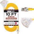 IRON FORGE CABLE 10 Foot Lighted Outdoor Extension Cord with 3 Electrical Power Outlets - 12/3 SJTW Heavy Duty Yellow Extension Cable with 3 Prong Grounded Plug for Safety, 15 AMP