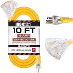 IRON FORGE CABLE 10 Foot Lighted Outdoor Extension Cord with 3 Electrical Power Outlets - 12/3 SJTW Heavy Duty Yellow Extension Cable with 3 Prong Grounded Plug for Safety, 15 AMP
