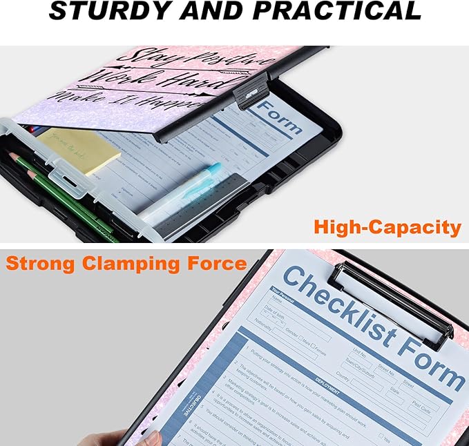 Pink Glitter Clipboard with Storage & Pen Holder - Heavy Duty Contractor Clipboard for Teachers, Nurses & Business People
