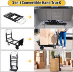 Upgraded 3 in 1 Folding Hand Truck, 600lbs Capacity, Heavy Duty Convertible Dolly with Retractable Handle and 4 Rubber Wheels, Collapsible Cart for Moving Home, Office, Warehouse (Black)