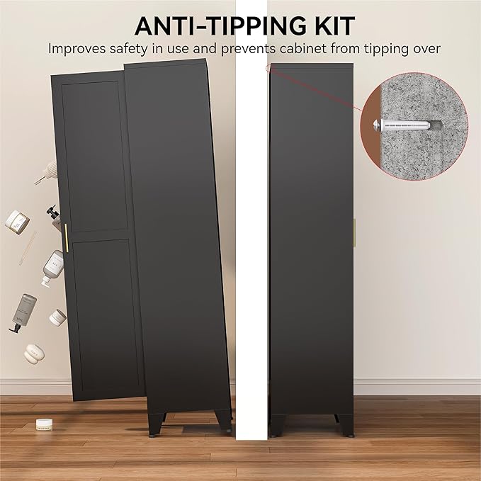 COFaR 67" Modern Pantry Cabinet, Black Storage Cabinet with Magnetic Door & 4 Adjustable Shelves, Slim Freestanding Cupboard for Office, Kitchen, Bathroom