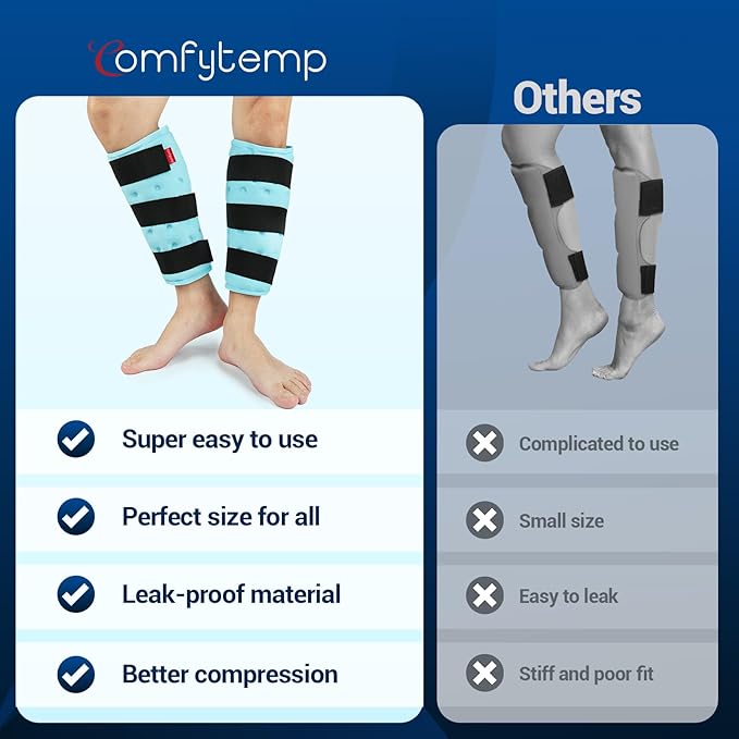 Comfytemp Extra Large Calf Shin Splint Ice Packs for Injury Reusable Gel, FSA Eligible HSA, Knee Cold Pack, Hot Cold Compress Sleeve for Swelling, Tendonitis, Elbow, Leg, After Surgery Gift, 2 Pcs