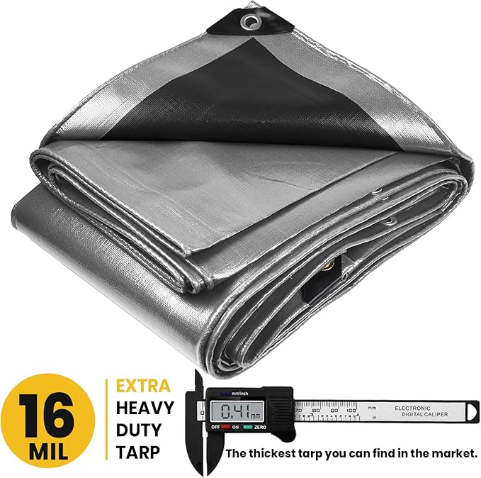 PROTARP Extra Heavy Duty 16 Mil Tarp Cover, Waterproof, UV Resistant, Rip and Tear Proof, Poly Tarpaulin with Reinforced Edges for Roof, Camping, Patio, Pool, Boat. (Silver/Black 20′ X 40′)