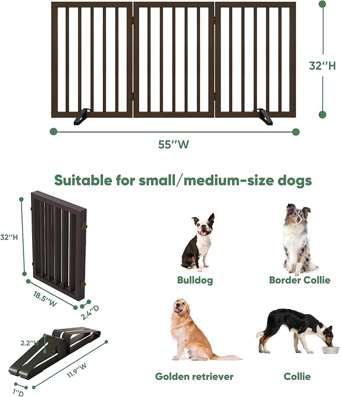 Dog Gates for Doorways, Tall Dog Gate Indoor, Foldable Pet Gates for Doorways Bedroom, Freestanding Puppy Gate with Metal Support Feet, Room Divider,3 Panels (Brown)