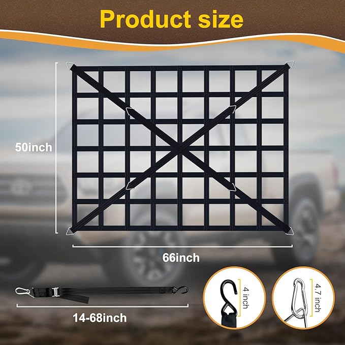 Cargo Net for Pickup Truck Bed, Heavy Duty 1100 lbs Capacity, Adjustable Cam Buckles & S-Hooks, Thick Herringbone Nylon, with Drawstring Storage Bag for Trailers and Trucks (66" x 50")