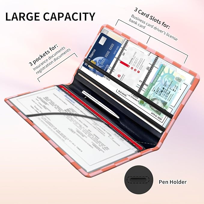 Premium Car Registration and Insurance Card Holder, Cute PU Leather Car Document Holder, Vehicle Glove Box Car Organizer with Magnetic Closure for Driver License, Cards Red Checkerboard
