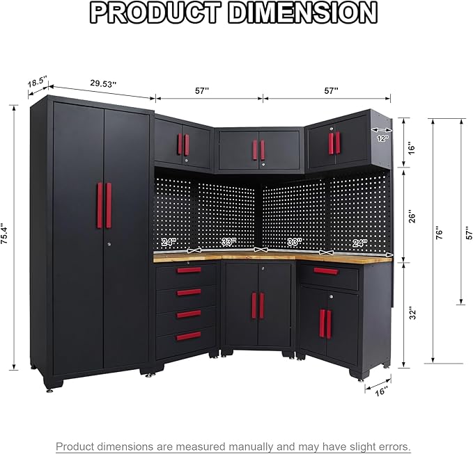 16PCS Corner Garage Storage Cabinet System - Heavy Duty Workshop Set w/Corner Cabinet Includes Workbench, Pegboard & Lockable Drawers | Metal Tool Organization System for Garage/Workshop