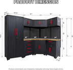 16PCS Corner Garage Storage Cabinet System - Heavy Duty Workshop Set w/Corner Cabinet Includes Workbench, Pegboard & Lockable Drawers | Metal Tool Organization System for Garage/Workshop