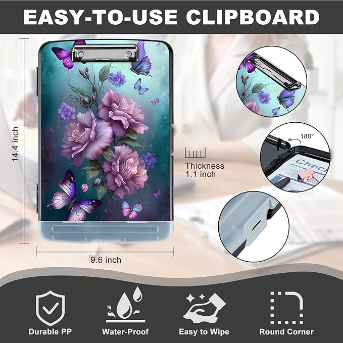 Clipboard with Storage,Heavy Duty Plastic Storage Clipboard with Low Profile Clip,Teacher Must Haves,Office Supplies,Pink Butterfly Flower