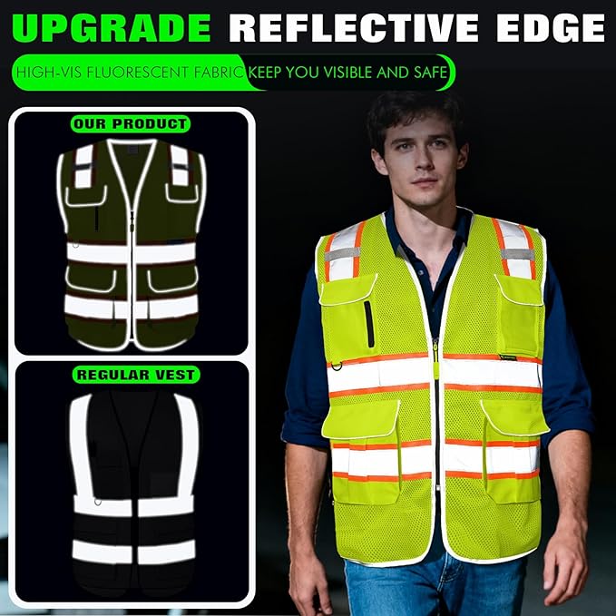 BeautyWill Custom Logo 10 Pockets Safety Vest Class2 ANSI Certified High Visibility Reflective Vest