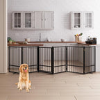 6 Panels Full Metal Freestanding Dog Gates with Door, 120” W x 32” H Folding Pet Gate Fence with Support Feet for Indoor,Stairs, Hallways and Doorways(Black)