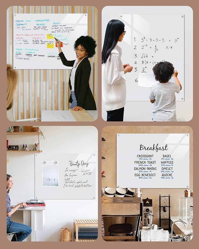 Mifuro Magnetic Glass Whiteboard，48"x36" Wall Mounted Frameless Dry Erase Board for Office, Home & School Ultra White