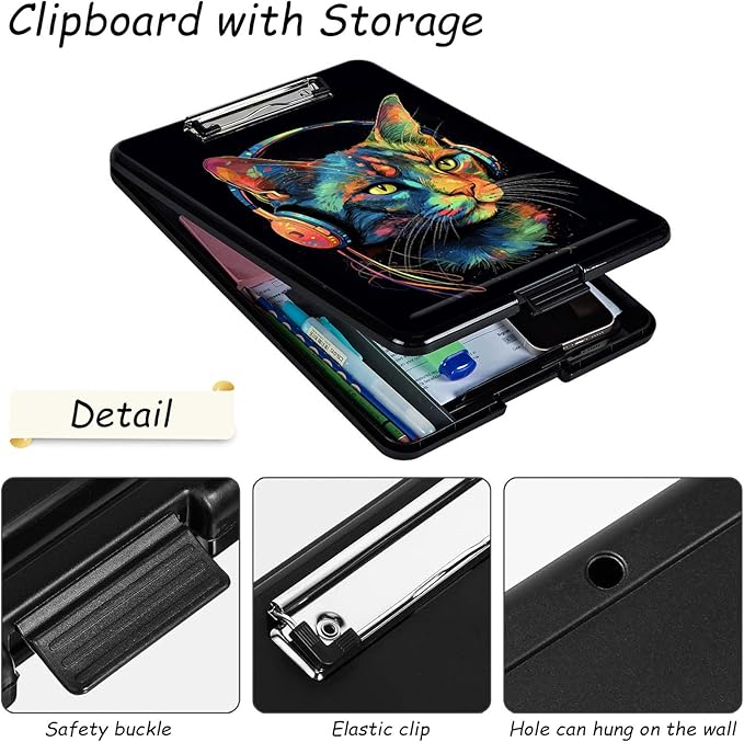 Clipboard with Storage, High Capacity Plastic Storage Clipboard with Low Profile Clip for Women Teachers Work, School & Office Supplies, Cute Pattern Decorative Clipboards, Headset Cat