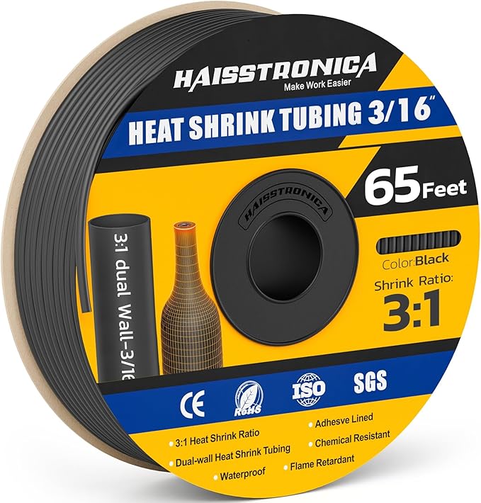 haisstronica 3:1 Heat Shrink Tubing, Shrink Ratio Adhesive Lined Marine Grade Heat Shrink Tube for Home, Automotive and Industrial (Black) 65FT 3/16inch