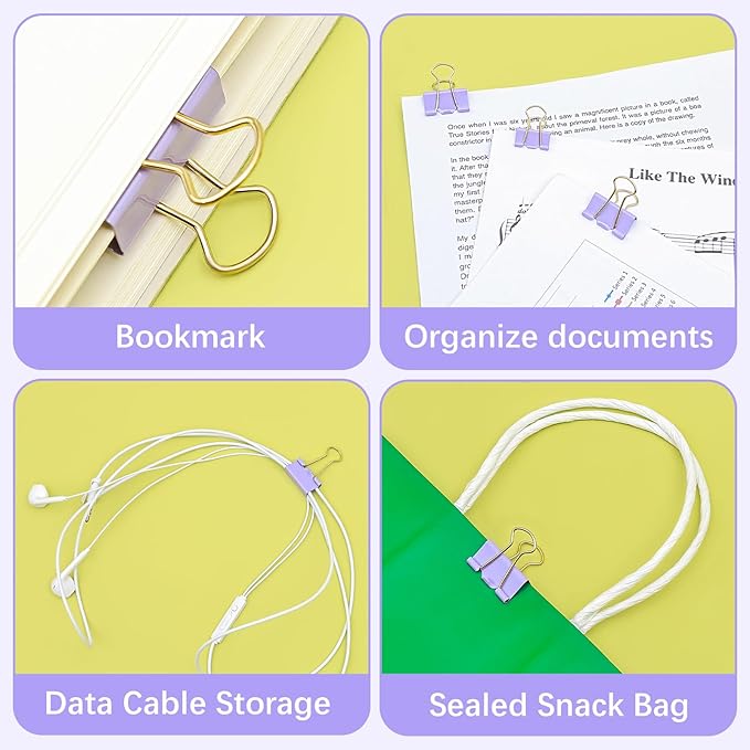BAYTORY 40Pcs Purple Binder Clips, Binder Clips Assorted Sizes, Medium Small Binder Paper Clamps Combination, with Clear Storage Container, for School Teachers Office Supplies (Purple)