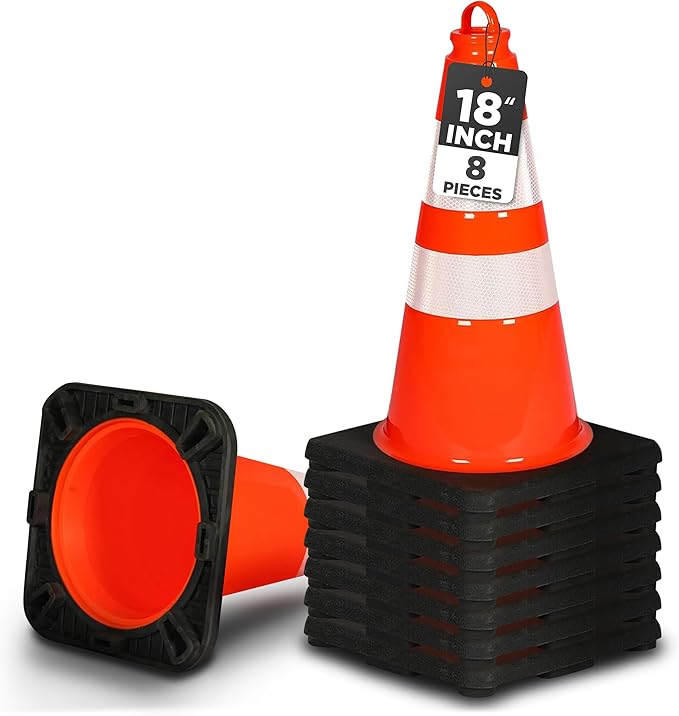 Pyle 18" PVC Traffic Cones, 8-Pack Safety Cones for Parking, Construction, Roadwork, & Sports Training, High-Visibility Orange, Durable, Stackable Design, Heavy-Duty Base for Stability in All Weather