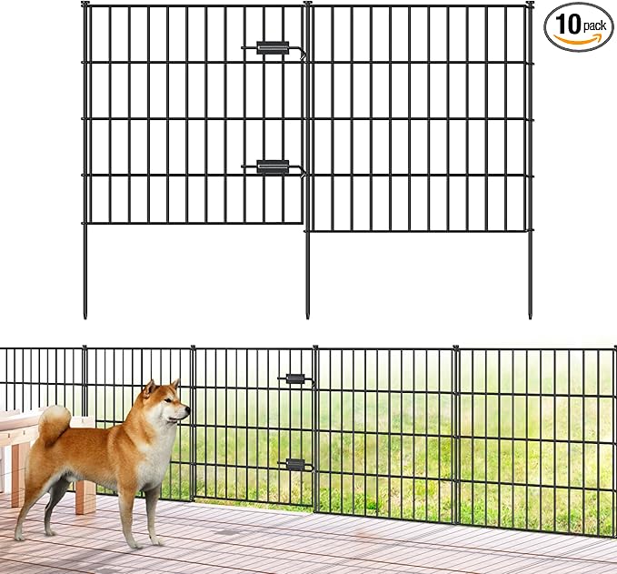 Metal Garden Fence 28in (H) x 23.3ft (L), 1 Gate + 9 Panels Dog Fence Border Fences Animal Barrier, No Dig Garden Fencing for Yard Flower Bed Lawn Patio Outdoor, PIN282810G Black