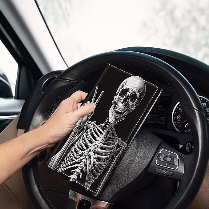 Car Registration and Insurance Holder, Leather Car Glove Box Organizer, Cool Car Accessories for ID, Driver's License Cards & Essential Document,Business Cards,Men&WomenRock Skeleton