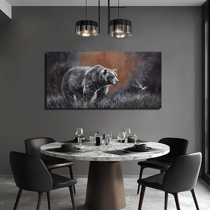 ZHENGYIN Black and White Bear Wall Art,Large Grizzly Wildlife Canvas Print, Bird Accent, Rustic Western Wall Decor for Living Room Office, Above Sofa, 24x48 Inch