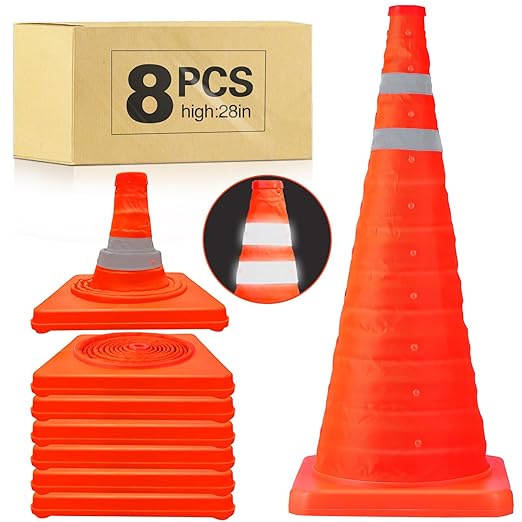 [8 Pack]28 Inch Collapsible Traffic Safety Cones - Parking Cones with Reflective Collars, Orange Safety Cones for Parking lot, Driveway, Driving Training etc