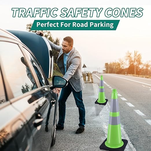 BESEA 6Pack 28" inch Traffic Cones Green Safety Cones with 6 inch Reflective Collar for Home Driveway Road Parking Use(6 Cones)