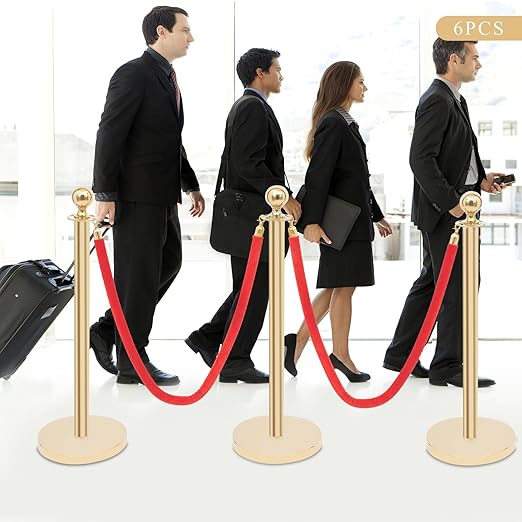 6-Piece Gold Stanchion Posts, Stanchions with Red Velvet Ropes Set & Ball Head with 4 Universal Holes, Stainless Steel Gold Stanchions for Party, Museums, Wedding, Easy Connect Assembly