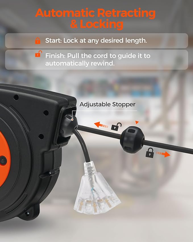 Retractable Extension Cord Reel, 40 FT Heavy Duty Power Cord, 12AWG/3C SJTOW, 3 Grounded Outlets Lighted Triple Tap, 15 Amp Circuit Breaker, UL Listed, Orange B40CR06