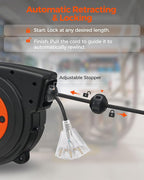 Retractable Extension Cord Reel, 40 FT Heavy Duty Power Cord, 12AWG/3C SJTOW, 3 Grounded Outlets Lighted Triple Tap, 15 Amp Circuit Breaker, UL Listed, Orange B40CR06