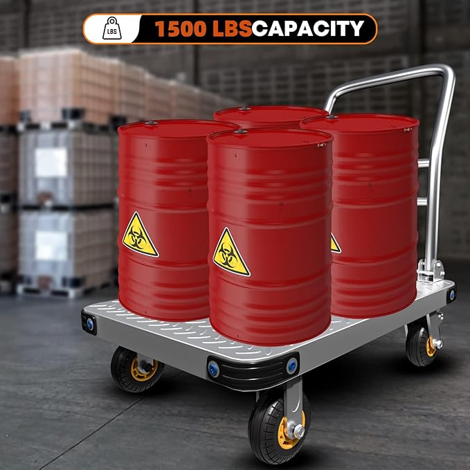 Heavy Duty Platform Truck Flat Moving Cart Hand Trucks, 1500Lbs Steel Push Cart Dolly, 30 x 19in Large Flatbed with 4'' 360 Degree Swivel Wheels for Easy Storage