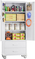 Aobabo Upgraded Metal Garage Storage Cabinet with Wheels and 2 Drawers, Lockable Rolling Tools Cabinet with Pegboards and Hooks,Assembly Required,White
