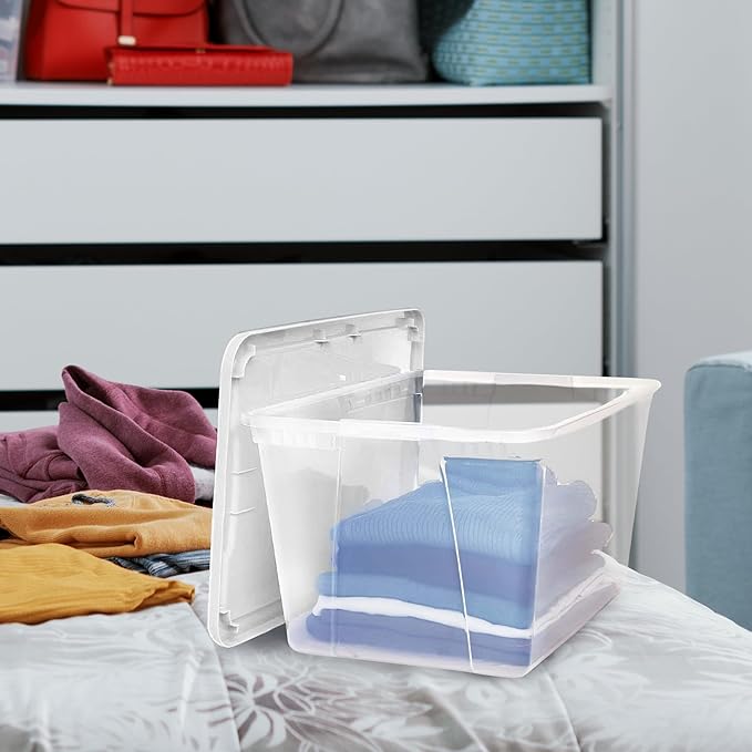 HOMZ 4-Pack Snaplock, Large Clear Plastic Storage Organizer Bins w/Lids, 56 Quart, White - Stackable Container Boxes for Bedroom, Bathroom, Garage, and Office Organization