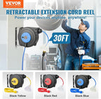 VEVOR 30FT Retractable Extension Cord Reel, 16AWG/3C SJTOW Heavy Duty Power Cord w/Lighted Electrical Triple Tap Outlets, 10A Circuit Breaker, 180° Swivel Bracket for Workshop or Garage, Blue