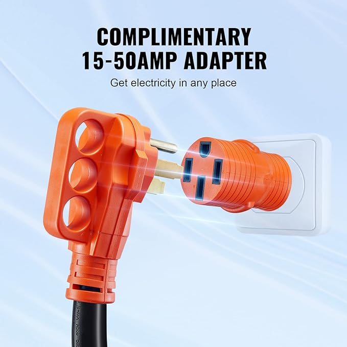 VEVOR 50 Amp RV Extension Cord, 15 ft, Heavy Duty STW 6/3+8/1 AWG RV Power Cord, NEMA 14-50R Female NEMA 14-50P Male Plug, for RVs, Generators, Campers, ETL Listed