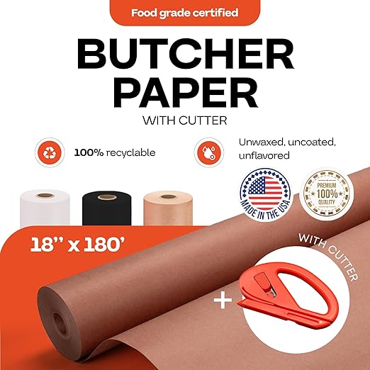 Peach Butcher Paper 18" x 2160" (180 feet) with Cutter - USA-Made Natural Butcher Paper Roll for Meat & Fish - Uncoated, Unwaxed & Food-Grade Material for Smoking, Grilling & Barbecue by IDL Packaging