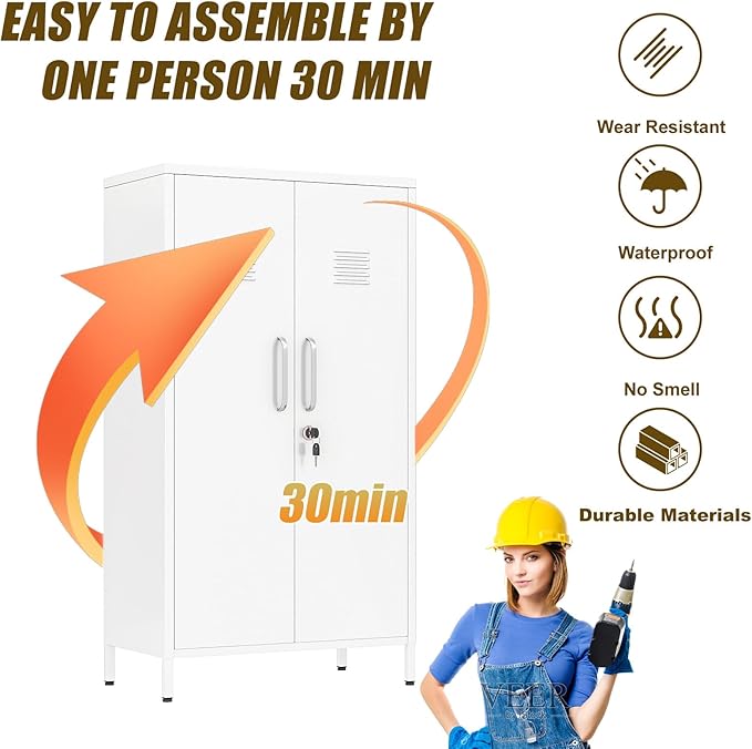 White Metal Locker Cabinet, 47" H Home Office Storage Lockers, Vertical Steel Storage Cabinet with Locking Door and 3 Adjustable Shelves, Garage Tool File Cabinets for Home Office,Garage,Bathroom.