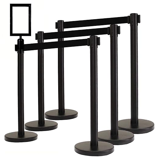 VIP Crowd Control Retractable Belt Stanchion Queue Safety Barrier Set, 36" Ht, 78" Black Belt + Wall Bracket (6 Posts Belt+SFrame+WBracket)