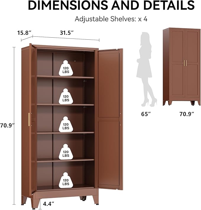 COFaR 71" Classic Pantry Cabinet in Brown, 5-Tier Storage with Adjustable Shelves, Wood-Tone Cupboard for Kitchen, Office & Living Room Organization