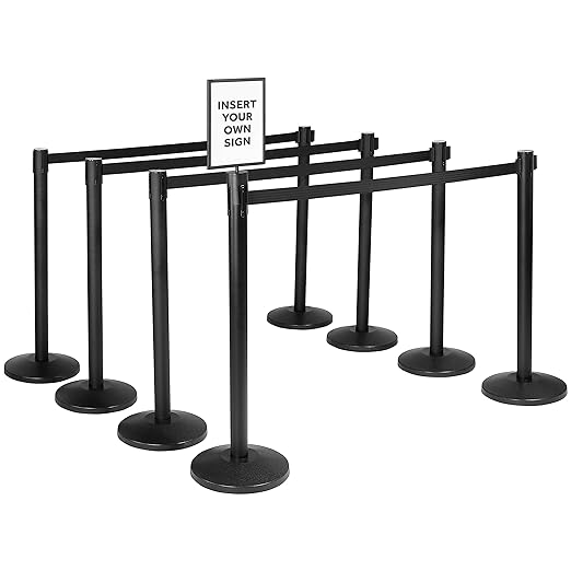 Qbuster Black Stanchions with Retractable Belts, Crowd Control Safety Barrier with 11’ Black Belts, 1 Sign Holder, Set of 8 Posts