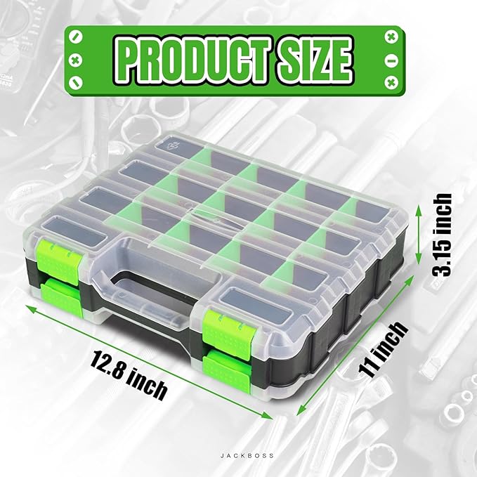 Tool Box with Transparent Lid, Double Side 34-Compartments Organizer Box with Removable Dividers for Hardware, Screws, Bolts, Nails, Beads, Jewelry and Fishing Accessories, Green, 4 Pack