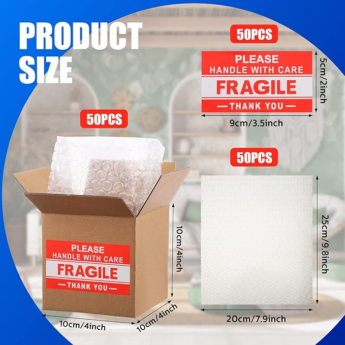 TaoBary 50 Set 4 x 4 x 4 Shipping Boxes for Small Business with Bubble Cushioning Wrap Fragile Packing Label Stickers Candle Small Mail Box Corrugated for Electronics Mug Gift Christmas