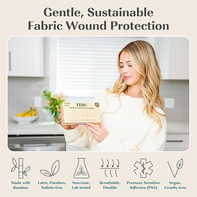 FEBU Eco-Friendly Bamboo Fingertip Bandages | PFAS Free Knuckle Bandages for First Aid | Flexible Fabric Wound Dressing | Fully Compostable, Latex Free Bandage | 30 Count Knuckle & Finger Bandage
