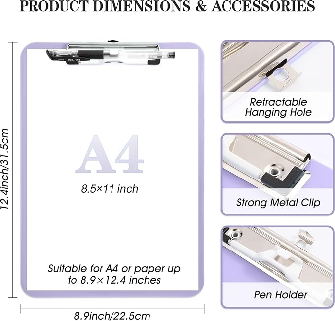 1 PCS Purple Clipboard with Pen Holder, Standard A4 Letter Size,Nursing Clip Boards 8.5x11 Heavy Duty, Low Profile Clipboards for Women Kids Teacher, School Office Home Work