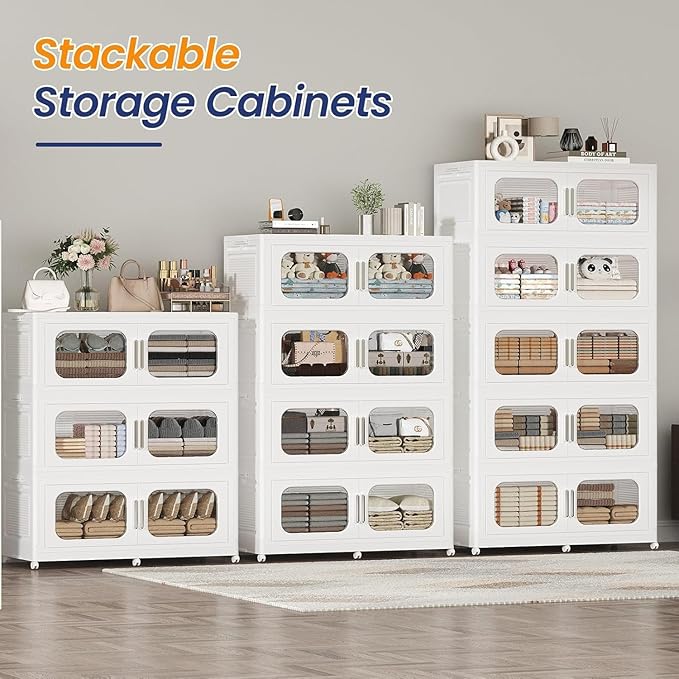 150Gal Exra Large Stackable Storage Bins with Lid, 600QT Collapsible Storage Box with 6x Wheels, Folding Plastic Cabinet Container with Door Drawer for Home Kitchen Office Dorm, 3Pack White