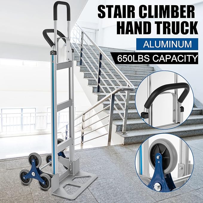 2 in 1 Aluminum Hand Truck 650 lb Capacity, Heavy Duty Stair Climbing Cart with 6 Wheels, Convertible Hand Truck and Dolly with Loop Handle