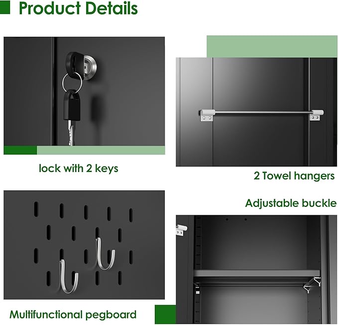 Broom Closet Storage Cabinet with 5 Pegboard, Hanging Rod &13 Hooks, Utility Metal Garage Storage Cabinets with Doors and 4 Shelves for Garage Home Office, Black,71.4" H x 31.5" W x 15.7" D