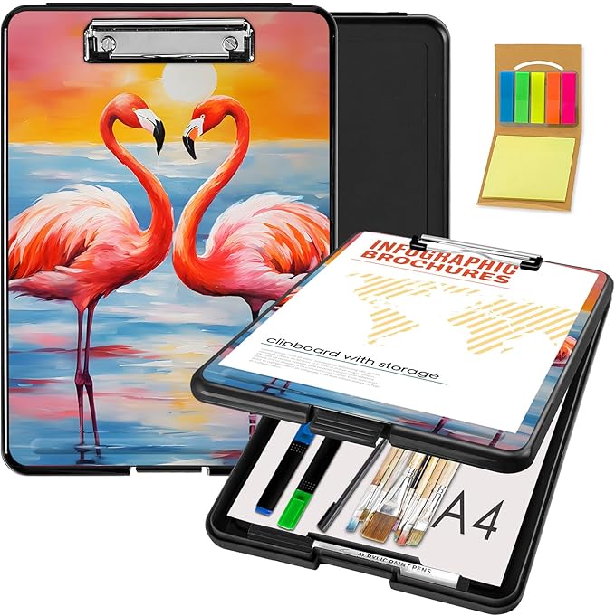 Clipboard with Storage,Office Supplies Nursing Clipboards Folder with Pen Holder Plastic Foldable Clip Board with Storage for Nurse Teacher,Sunset Flamingo