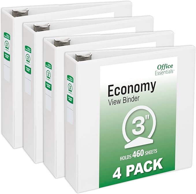 Office Essentials Economy View 3 Ring Binders, 3" Round Rings, 3.5" Spine, 460-Sheet Capacity, White Binders (4-Pack of 03148)