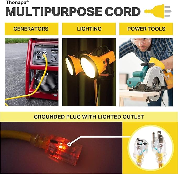 2 Pack Lighted Outdoor Extension Cord 50 ft - 12 Gauge 15 Amp Heavy Duty Power Extension Cords - SJTW - Great for Major Appliances, Power Tools, Garden Supplies - Yellow